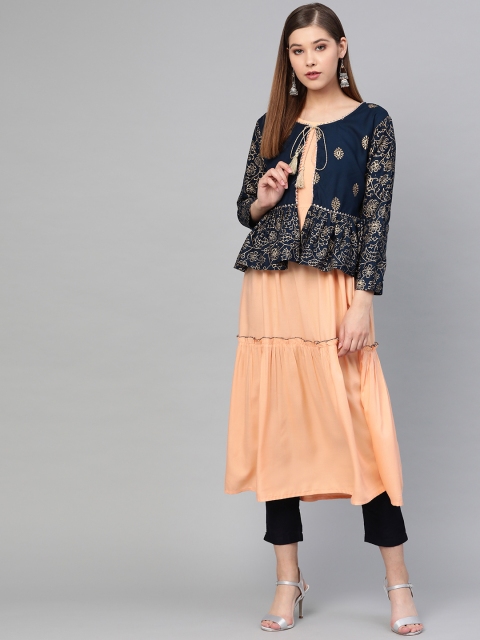 

Yufta Women Peach-Coloured Solid Tiered A-Line Kurta with Ethnic Jacket