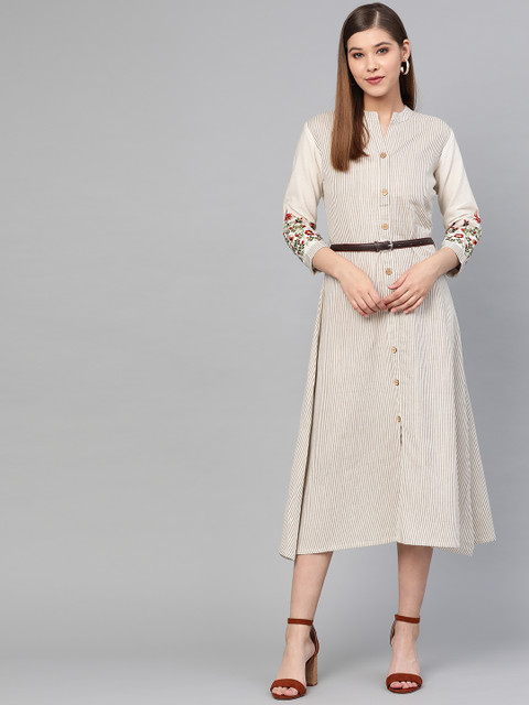 

Yufta Women Off-White & Beige Striped A-Line Dress with Belt