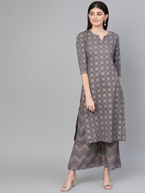 

Yufta Women Charcoal & Golden Printed Kurta with Palazzos