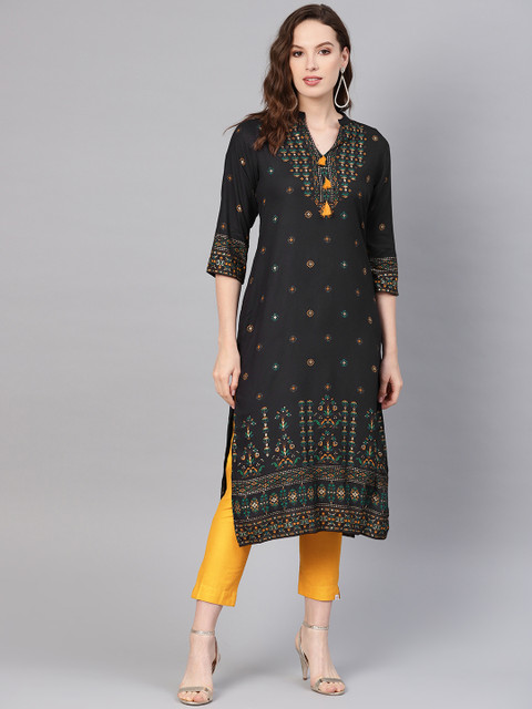 

Juniper Women Black & Green Foil Print Straight Kurta