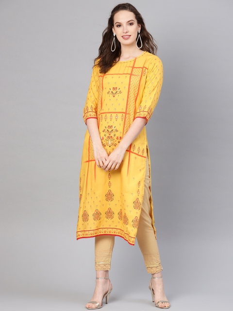 

Juniper Women Yellow & Orange Floral Foil Print Straight Kurta