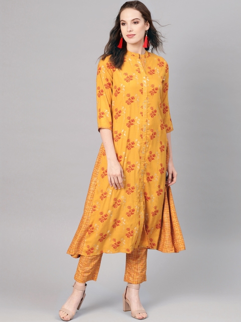 

Juniper Women Mustard Yellow & Maroon Foil Printed Kurta with Trousers