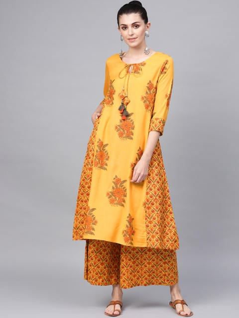 

Juniper Women Mustard Yellow & Orange Printed Kurta with Palazzos