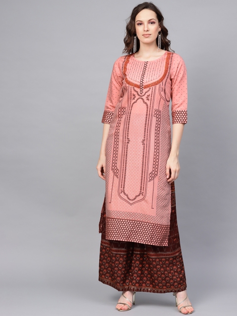 

Juniper Women Pink & Brown Foil Print Kurta with Palazzos