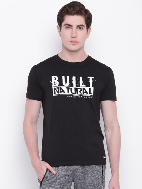 

BUILT NATURAL Men Black & White Printed Slim Fit Round Neck Training T-shirt