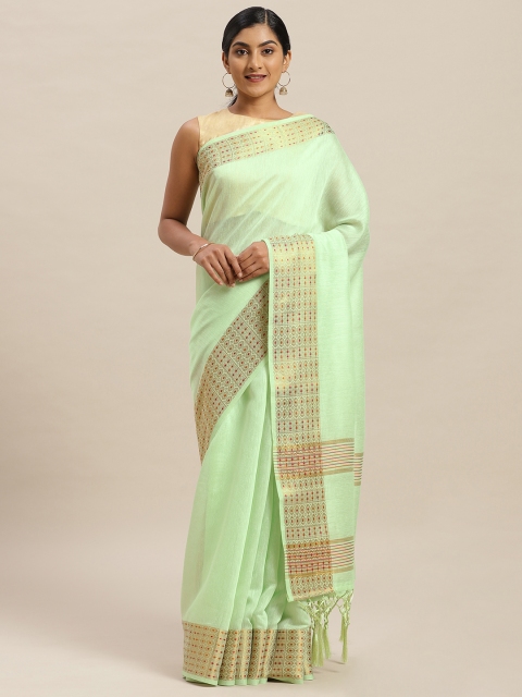 

Nanda Silk Mills Sea Green & Pink Linen Blend Solid Saree