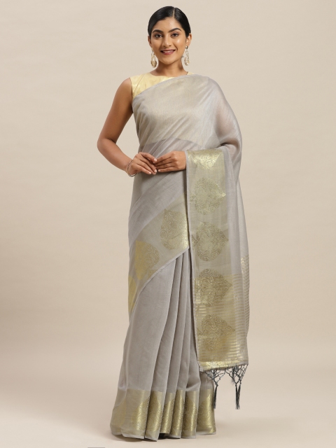 

Nanda Silk Mills Grey & Golden Cotton Blend Woven Design Saree