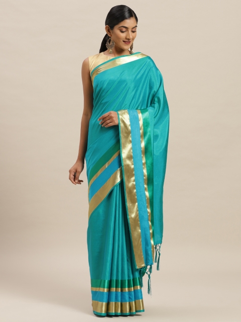 

Nanda Silk Mills Turquoise Blue Solid Sana Poly Silk Saree