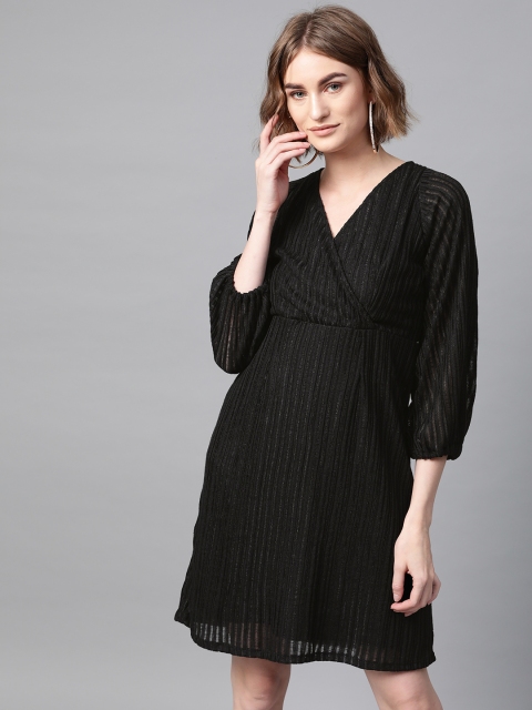 

Femella Women Black Self-Striped Wrap Dress