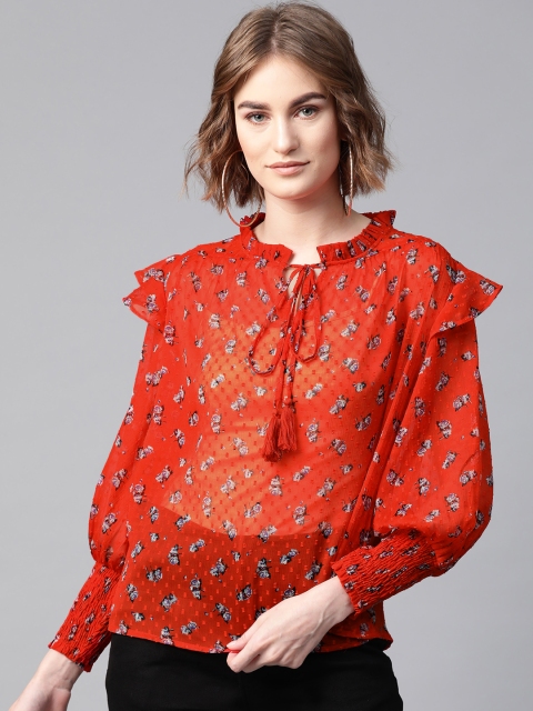 

Femella Women Red & White Sheer Floral Printed Top