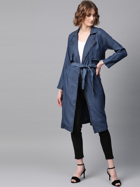 

Femella Women Chambray Solid Trench Coat, Navy blue