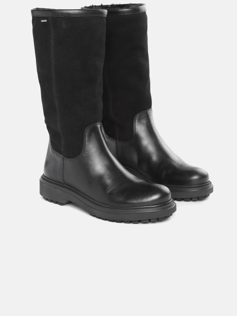 

Geox Women Black Solid Leather High-Top Flat Boots
