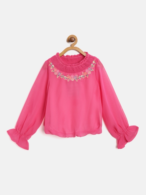 

Nauti Nati Girls Pink Solid Blouson Top with Embroidered Detail