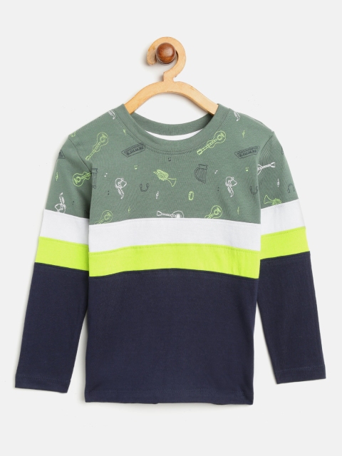

Nauti Nati Boys Navy Blue & Olive Green Colourblocked Round Neck T-shirt