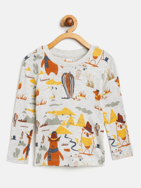 

Nauti Nati Boys Grey Melange & Mustard Yellow Printed Round Neck T-shirt