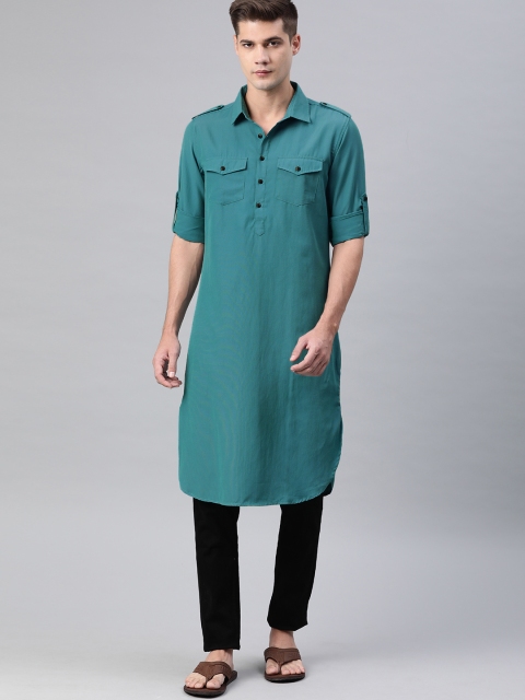 

IVOC Men Teal Blue Solid Pathani Kurta