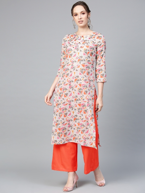 

Indo Era Women Grey & Orange Printed Straight Kurta with Palazzos