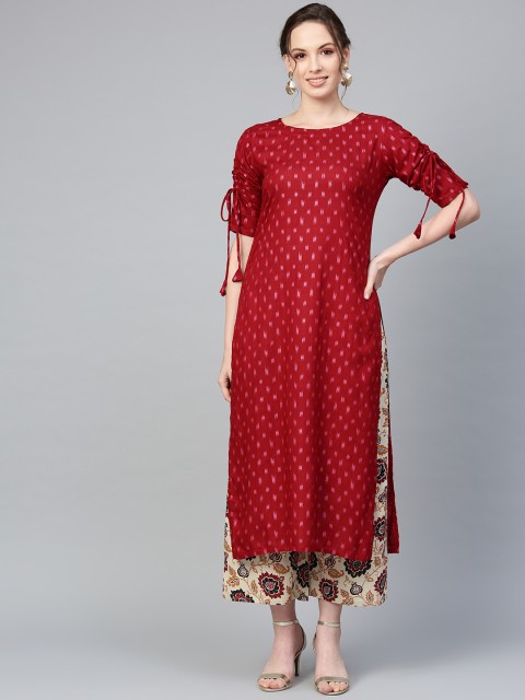 

Indo Era Women Maroon Foil Print Straight Kurta