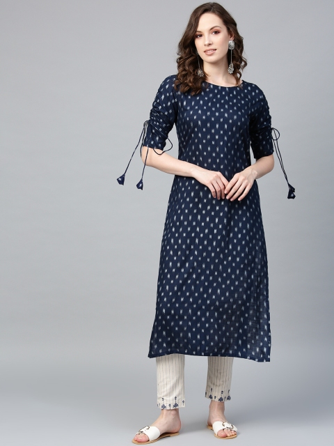 

Indo Era Women Navy Blue Foil Print Straight Kurta