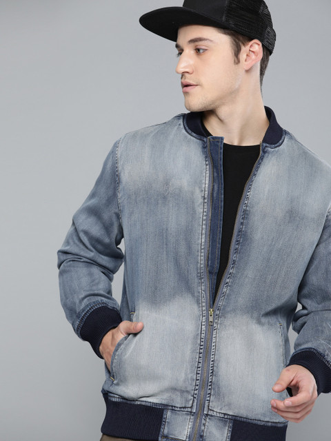 

SINGLE Men Blue Solid Faded Denim Jacket