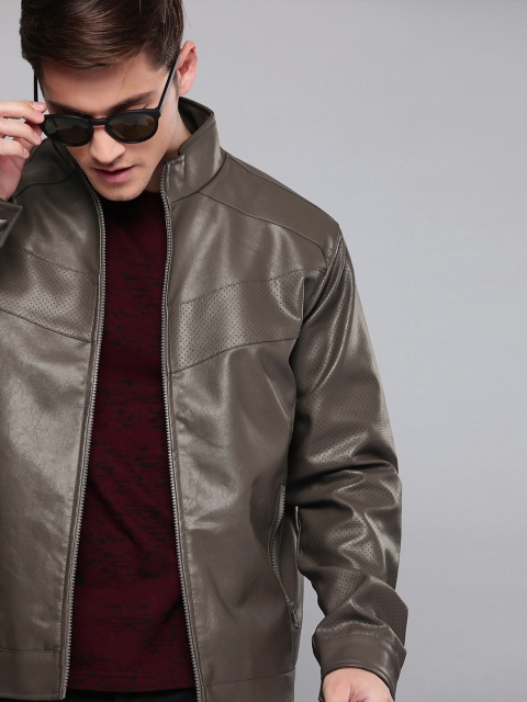 

SINGLE Men Grey Solid Biker Jacket