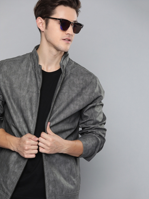 

SINGLE Men Grey Solid Slim Fit Biker Jacket