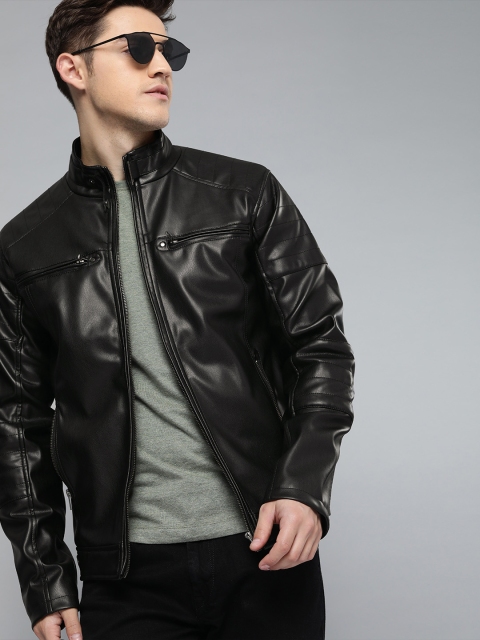 

SINGLE Men Black Solid Biker Jacket
