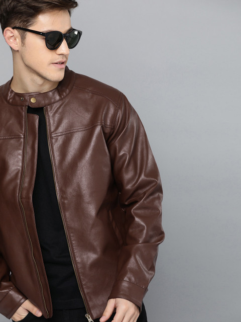 

SINGLE Men Tan Brown Solid Biker Jacket