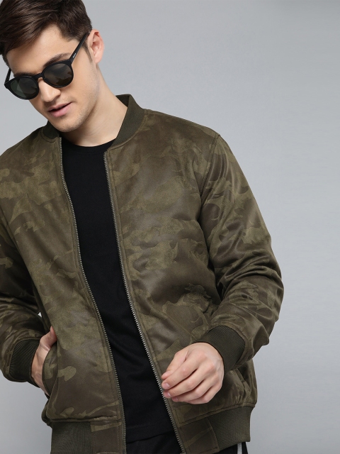

SINGLE Men Slim Fit Olive Green Printed Bomber Jacket
