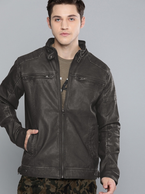 

SINGLE Men Charcoal Grey Solid Biker Jacket