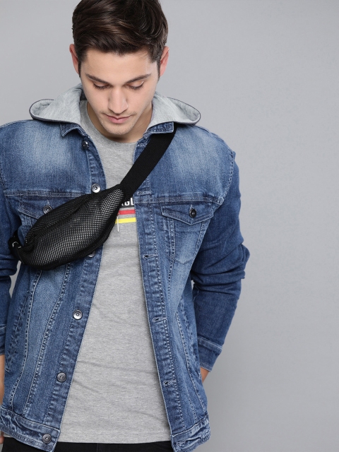 

SINGLE Men Blue Solid Slim Fit Hooded Denim Jacket