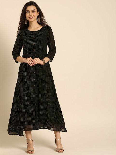 

IMARA Women Black & Golden Embellished A-Line Dress