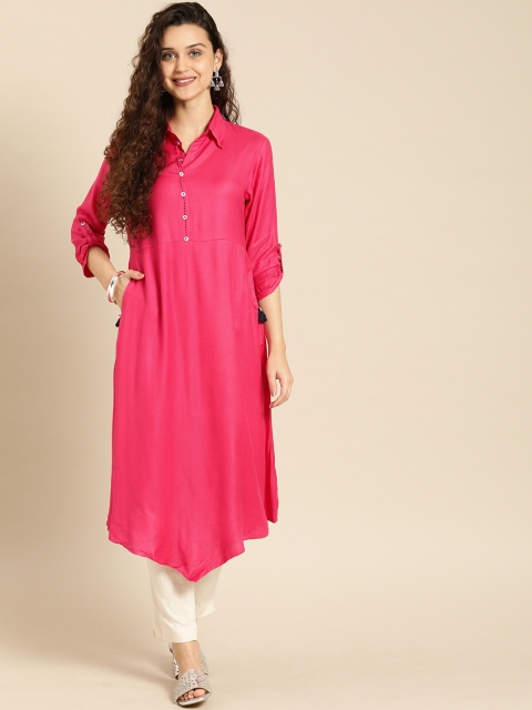 

IMARA Women Pink Solid A-Line Asymmetric Kurta