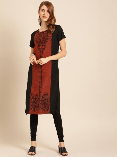 

IMARA Women Black & Rust Orange Floral Printed Straight Kurta