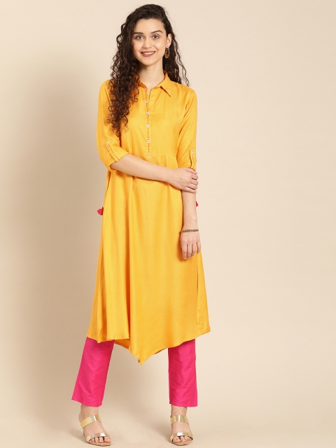 

IMARA Women Mustard Yellow Solid A-Line Asymmetric Kurta