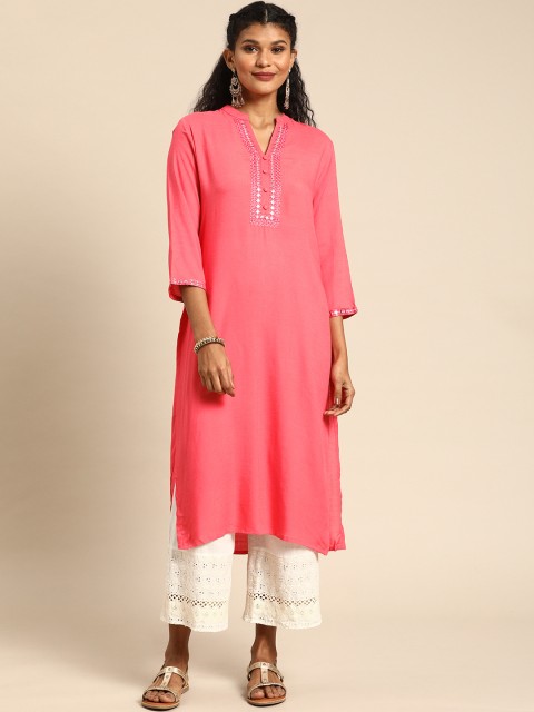 

IMARA Women Pink Yoke Design Mirror Work Straight Kurta