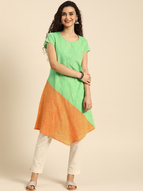 

IMARA Women Green & Orange Colourblocked Asymmetric A-Line Kurta