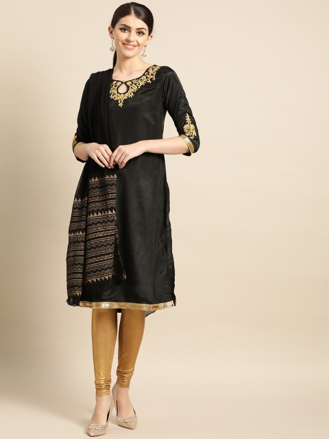 

IMARA Women Black & Gold-Toned Embroidered Kurta with Churidar & Dupatta