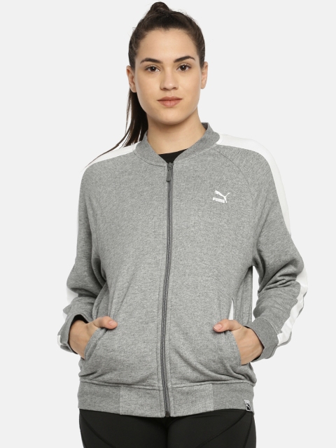 

Puma Women Grey Melange & White Printed Classics Logo T7 Track Sweatshirt