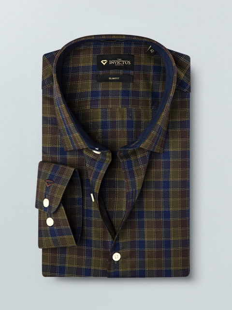 

INVICTUS Men Navy Blue & Olive Green Slim Fit Checked Casual Shirt