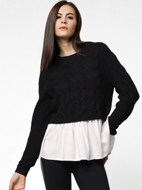 

ONLY Women Black & White Colourblocked Pullover Sweater