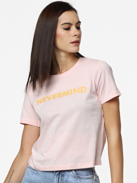 

ONLY Women Pink Mustard Yellow Printed Round Neck Pure Cotton T-shirt