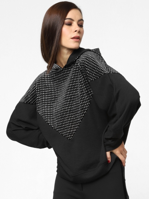 

ONLY Women Black & Silver-Toned Embellished Hooded Sweatshirt