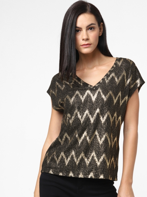 

ONLY Women Black & Gold-Toned Self Design Knitted Top