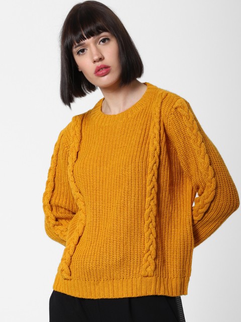 

ONLY Women Mustard Yellow Self-Design Pullover Sweater
