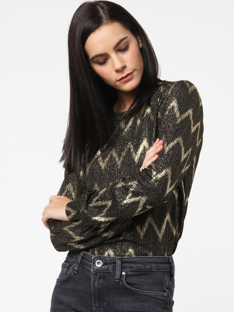 

ONLY Women Black & Gold-Toned Self Design Knitted Top