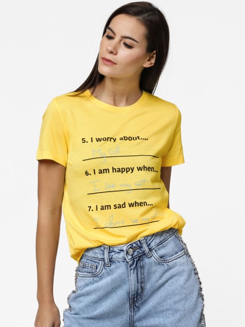 

ONLY Women Yellow Printed Round Neck T-shirt
