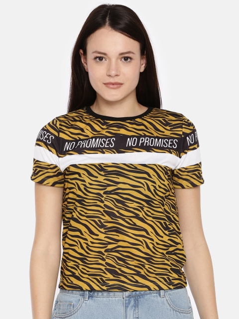 

ONLY Women Mustard Yellow & Black Animal Printed Round Neck T-shirt