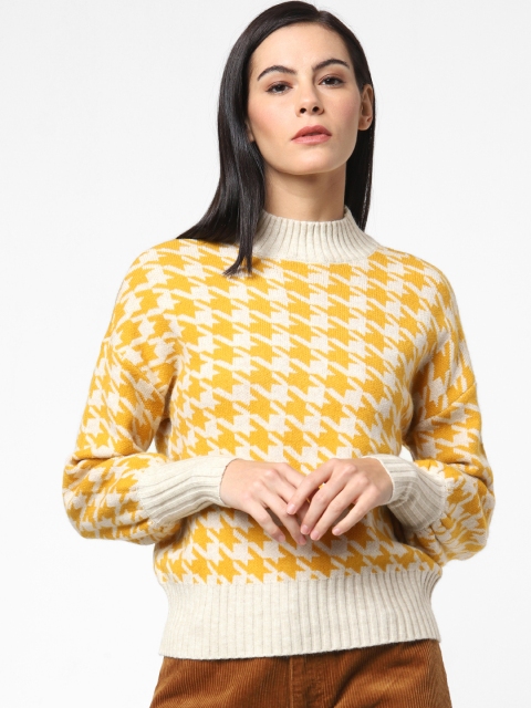 

ONLY Women Beige & Mustard Yellow Self Design Pullover Sweater
