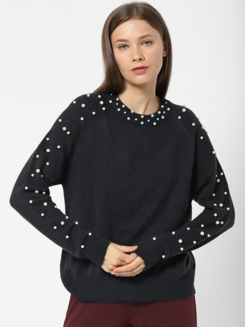 

ONLY Women Navy Blue Solid Embellished Sweater